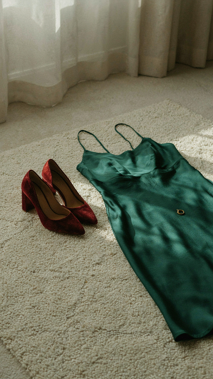 Velvet block heels complement a silk dress for a wedding guest.