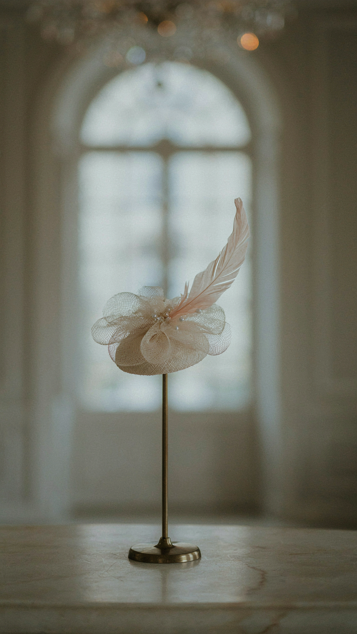 An elegant fascinator on a minimalist stand, spotlighted in an upscale room.