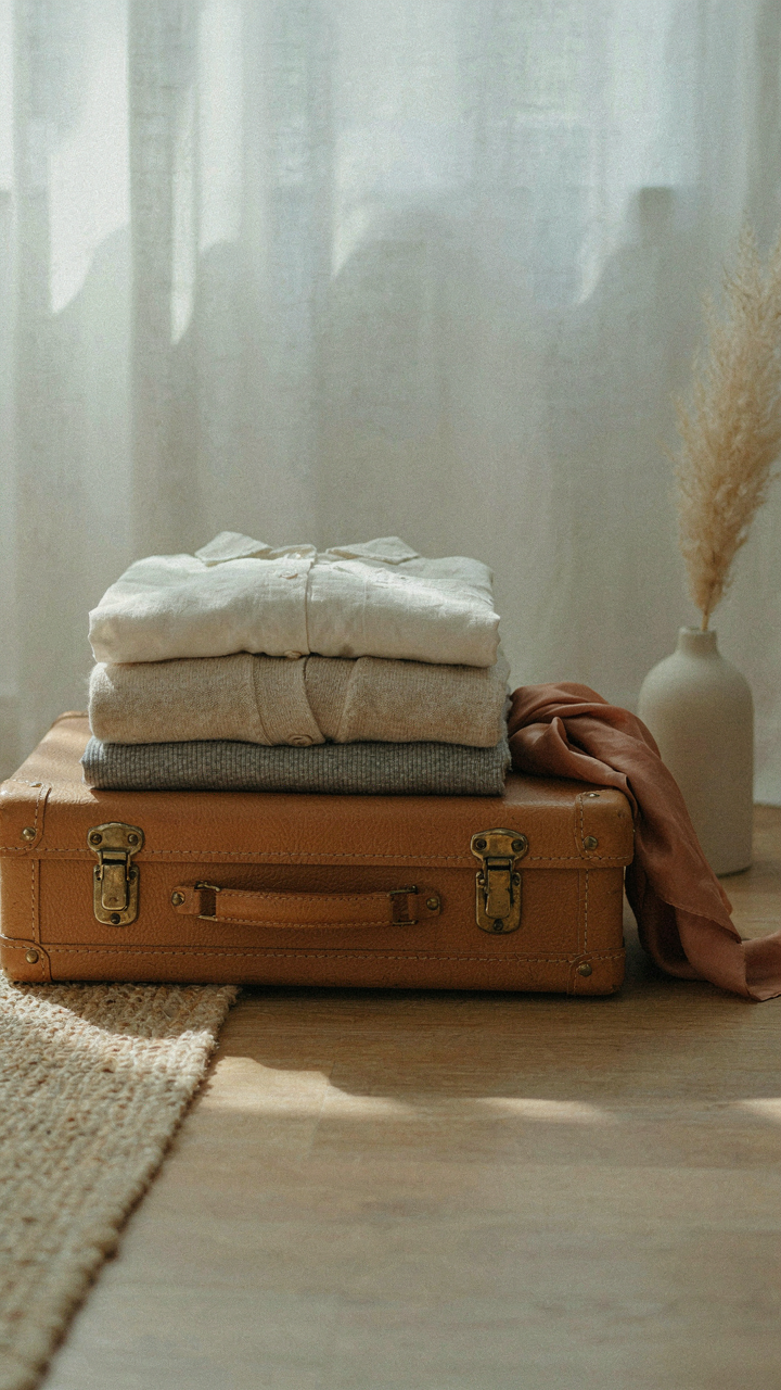 Folded linen shirt, neutral cardigan, and tank top, showing a spain capsule wardrobe.