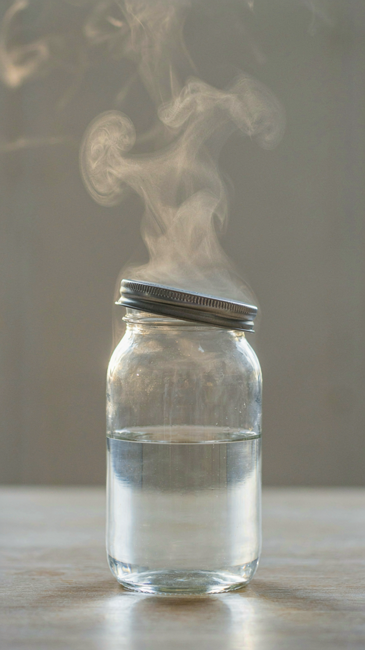 Warm air escapes from a glass container with a loose lid, showing thermal dynamics.