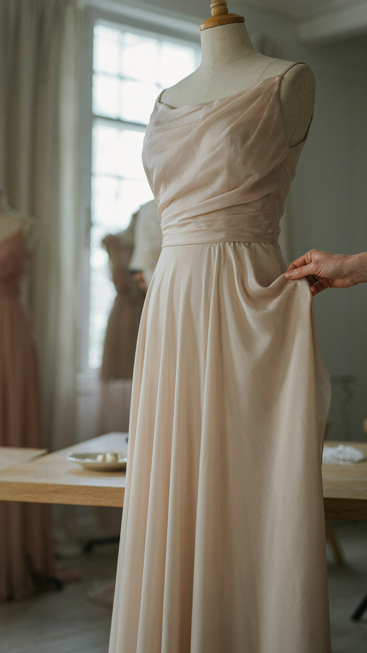 A hand touching a soft, elegant silk blend fabric.