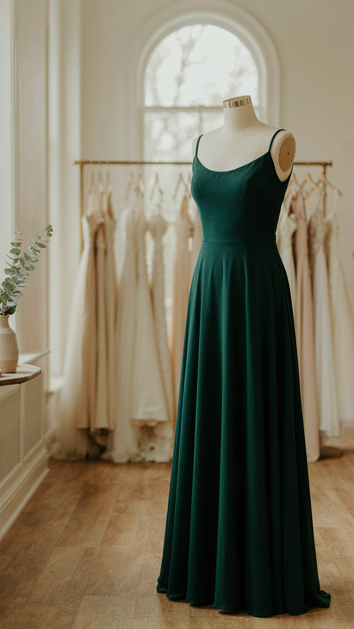 A vibrant emerald green maxi wedding guest dress on a mannequin.