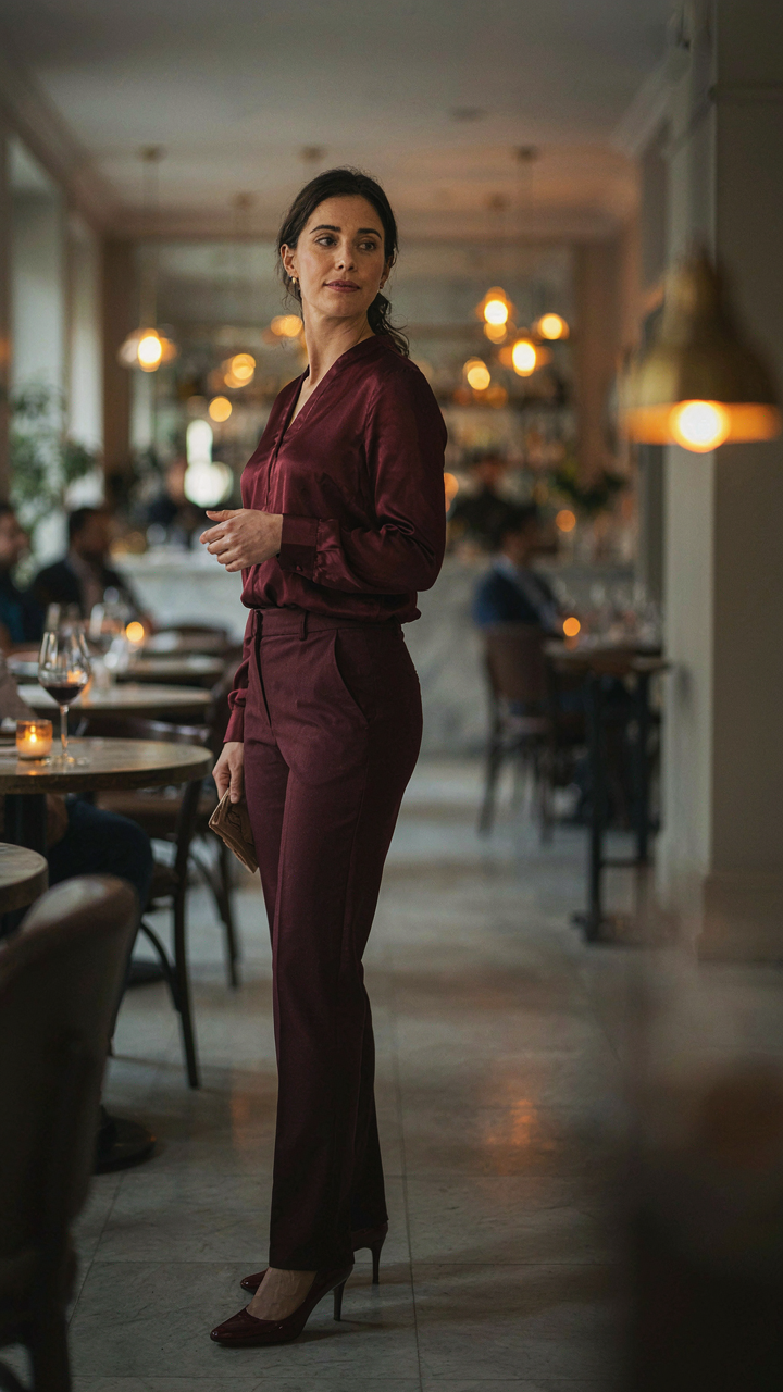 A woman in a monochromatic deep burgundy outfit stands in a restaurant.