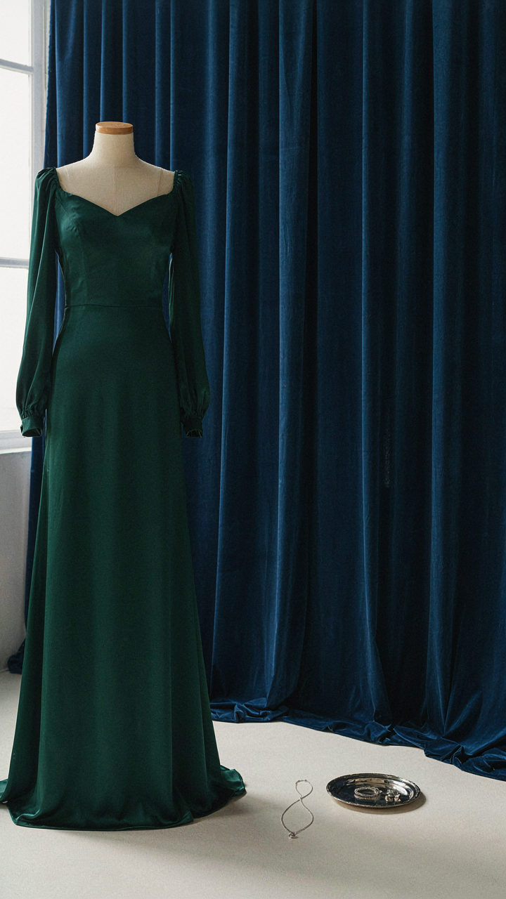 An emerald long sleeve wedding guest dress next to a sapphire curtain.