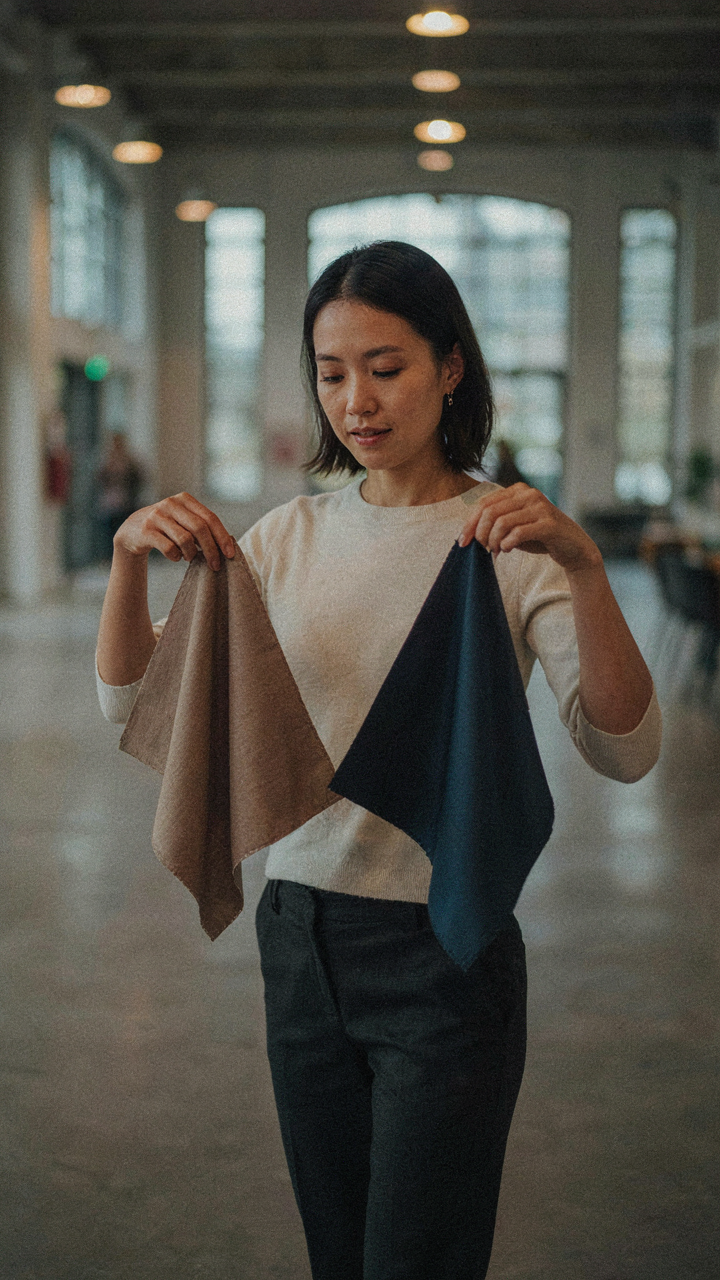 A woman compares fabric swatches under mixed lighting conditions in a venue.