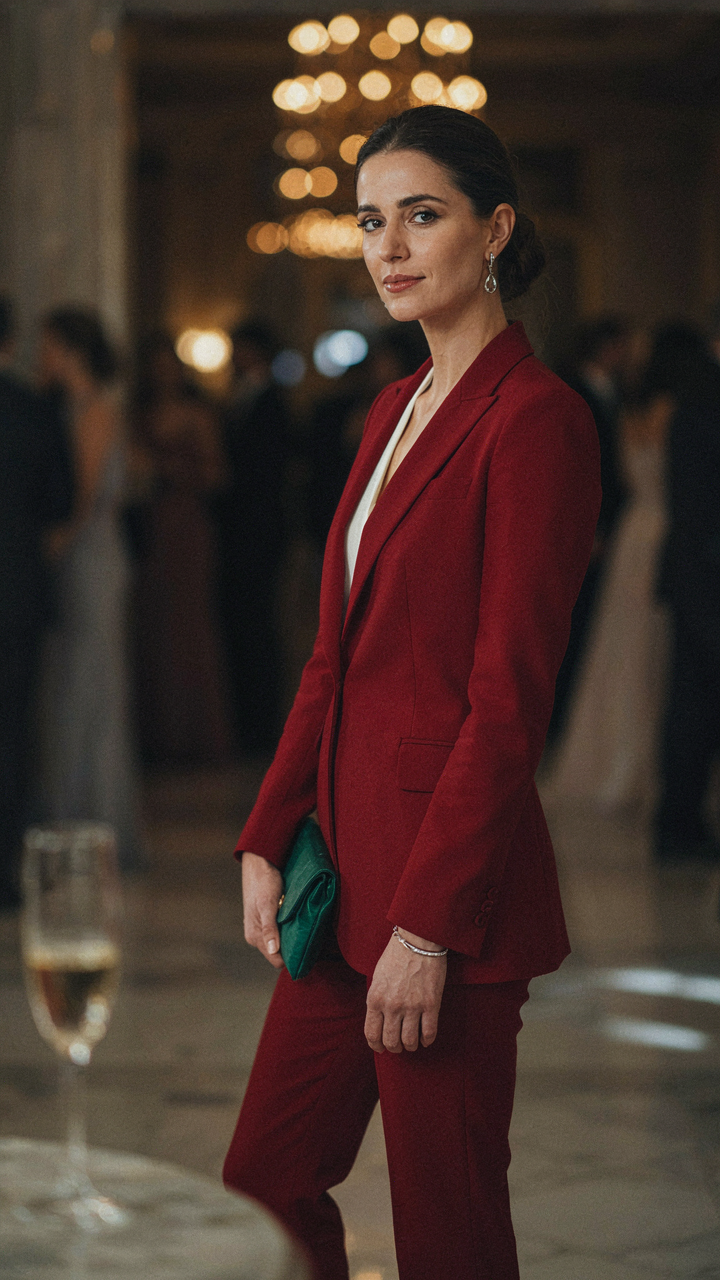 A woman in a tailored red pantsuit holds an emerald clutch at an evening event.