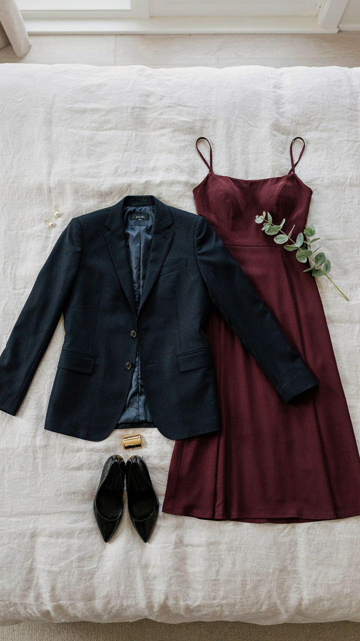 A navy suit jacket and a knee-length dress laid out for a semi-formal event.