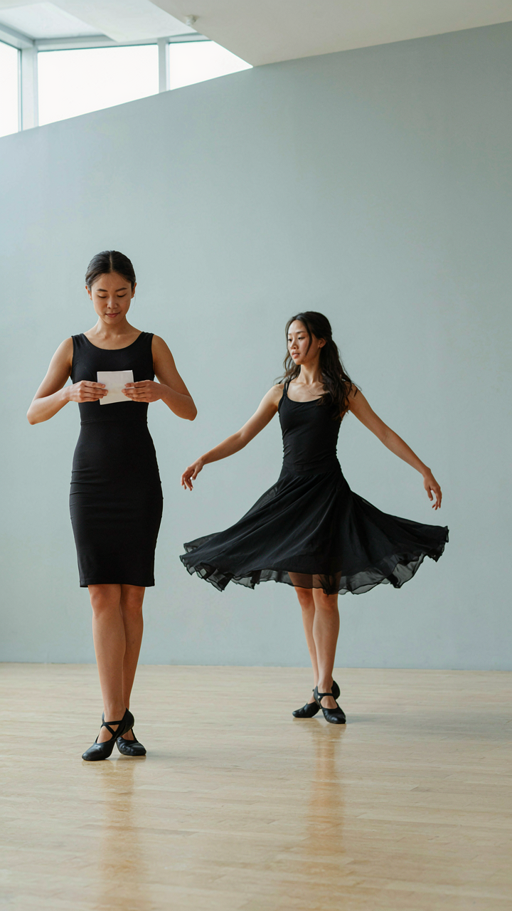 Two dancers in black dresses, one moving precisely, one freely.