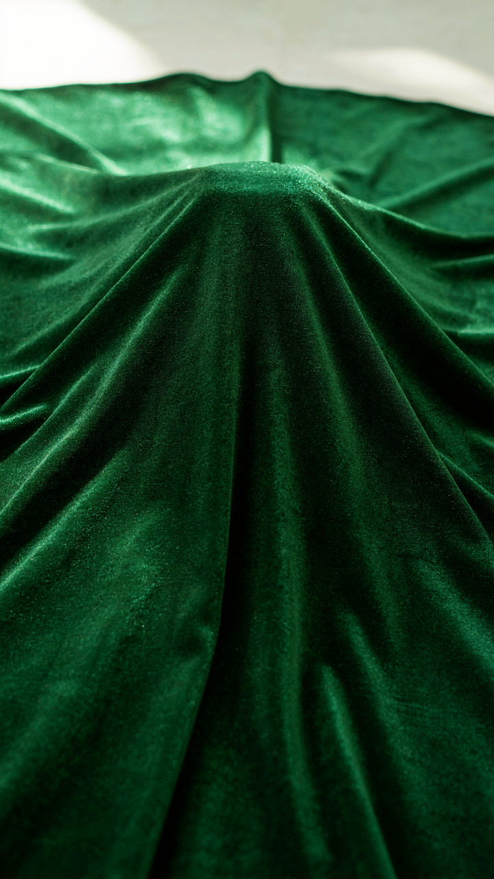 Rich emerald green velvet fabric draped elegantly, reflecting light.