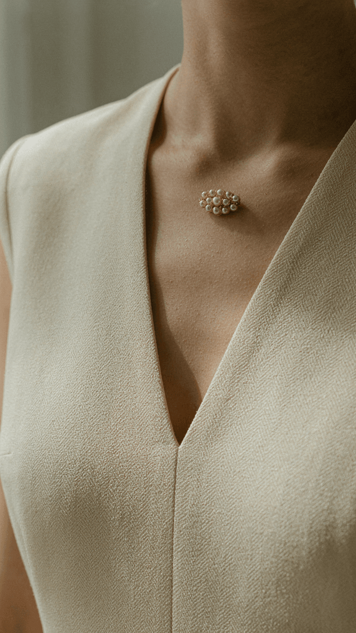 A close-up of a formal dress made of matte crepe with a subtle pattern and brooch.