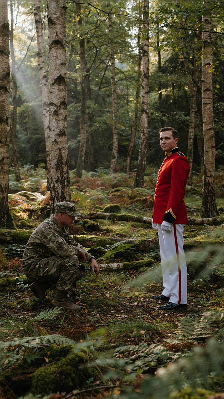Soldiers in camouflage and distinct uniforms in a forest.