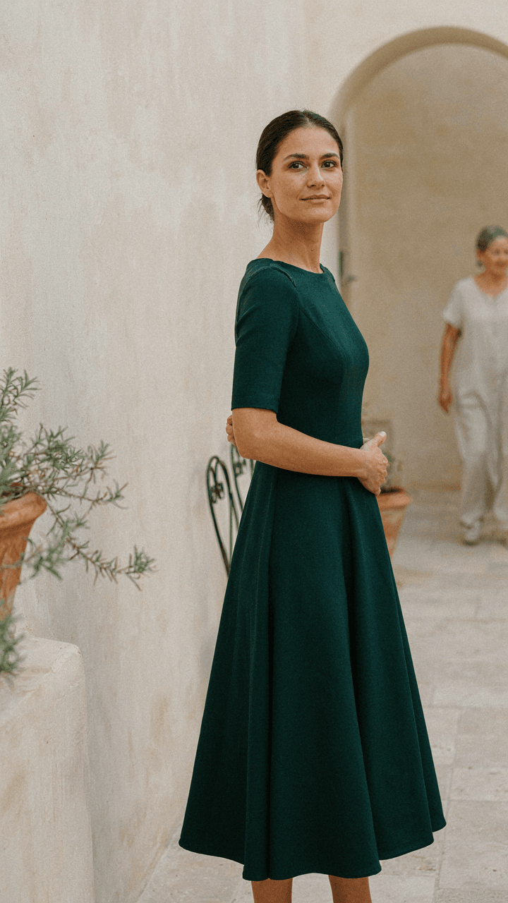 Woman in a saturated emerald green dress stands confidently in bright sunlight.