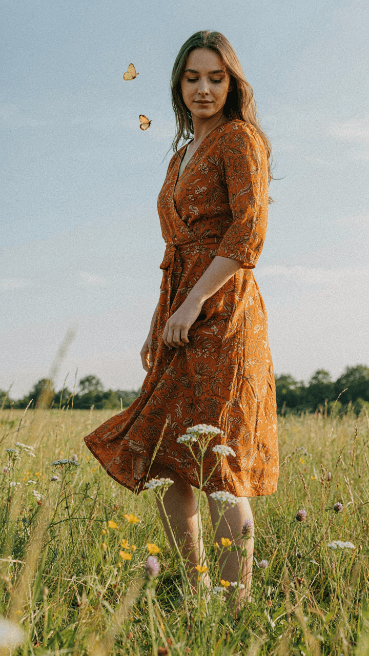 A woman in a patterned dress blends with a sunny green field.