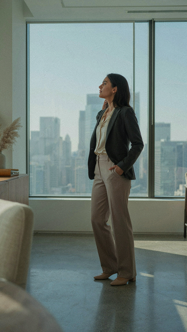 A woman in an upscale casual outfit stands in a modern office looking out a window.