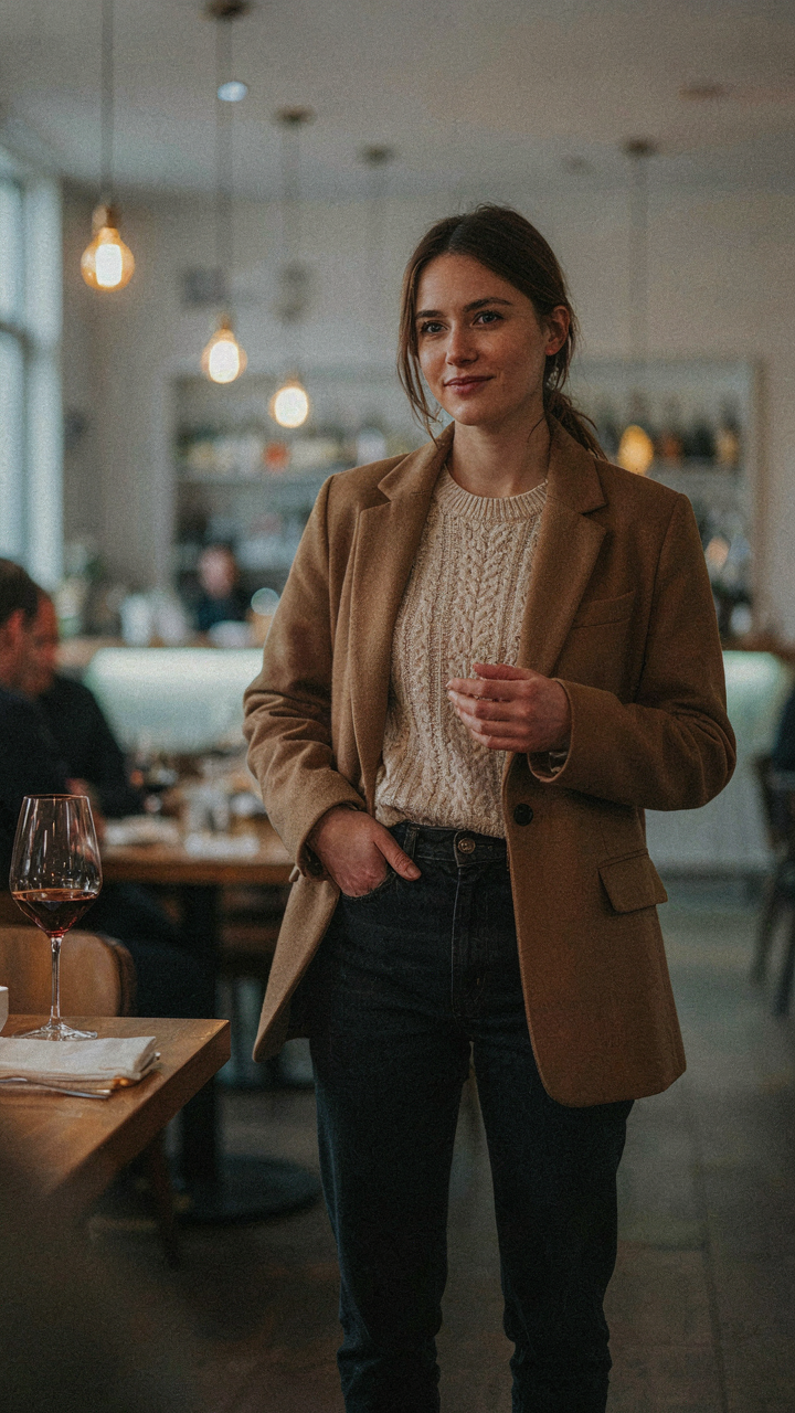 A wool blazer over a textured sweater and dark jeans in warm lighting.