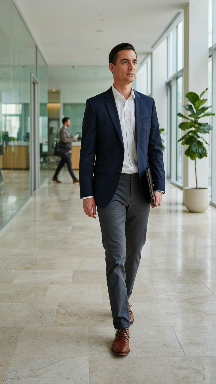 A person in a professional uniform walking through an office.