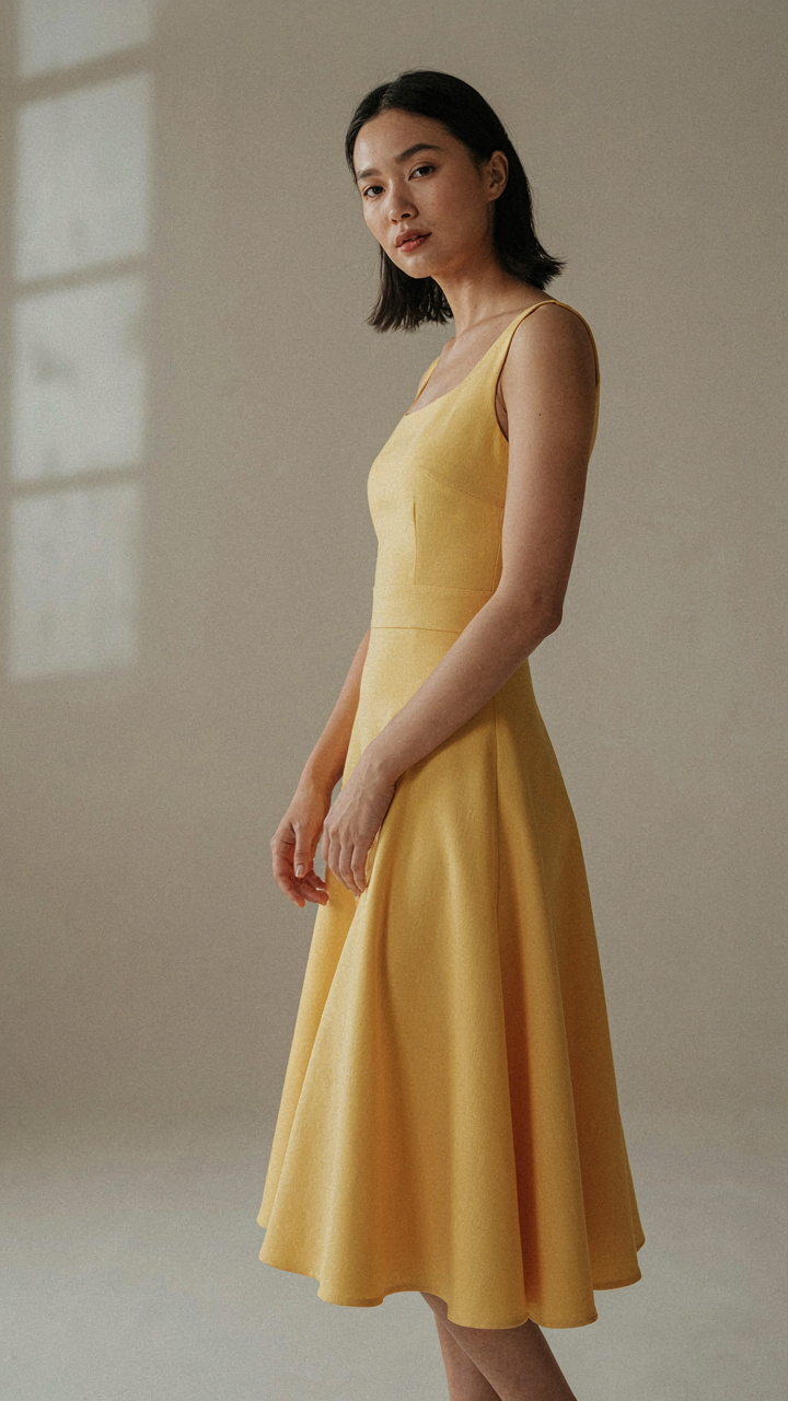 A woman in a bright yellow midi dress stands slightly off-center in the frame.
