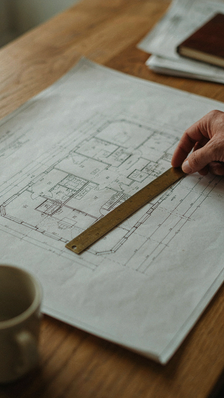 An architect measures a blueprint, showing how horizontal lines divide space.