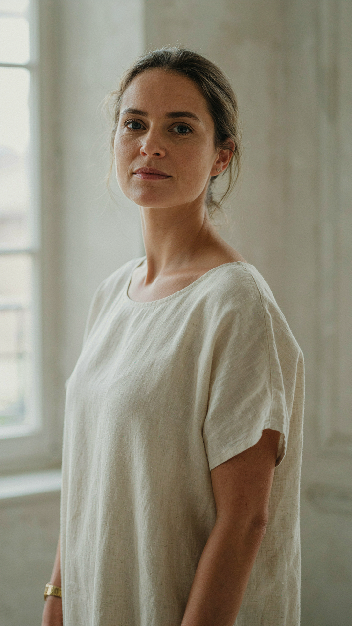 A woman in a cream linen dress and a gold watch looks composed.