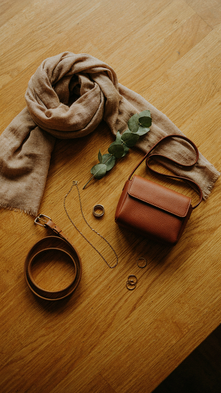 Essential travel accessories like a scarf, belt, bag, and jewelry on a table.