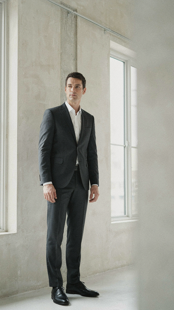 A person in a dark suit stands with confident, upright posture.