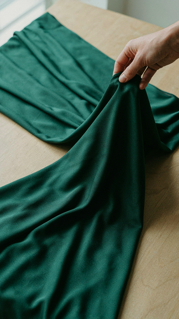 A hand drapes a high-quality synthetic blend fabric, showing its smooth texture.