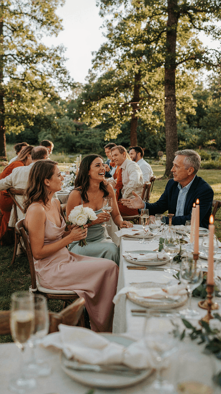 Guests at an outdoor wedding laugh and interact happily.