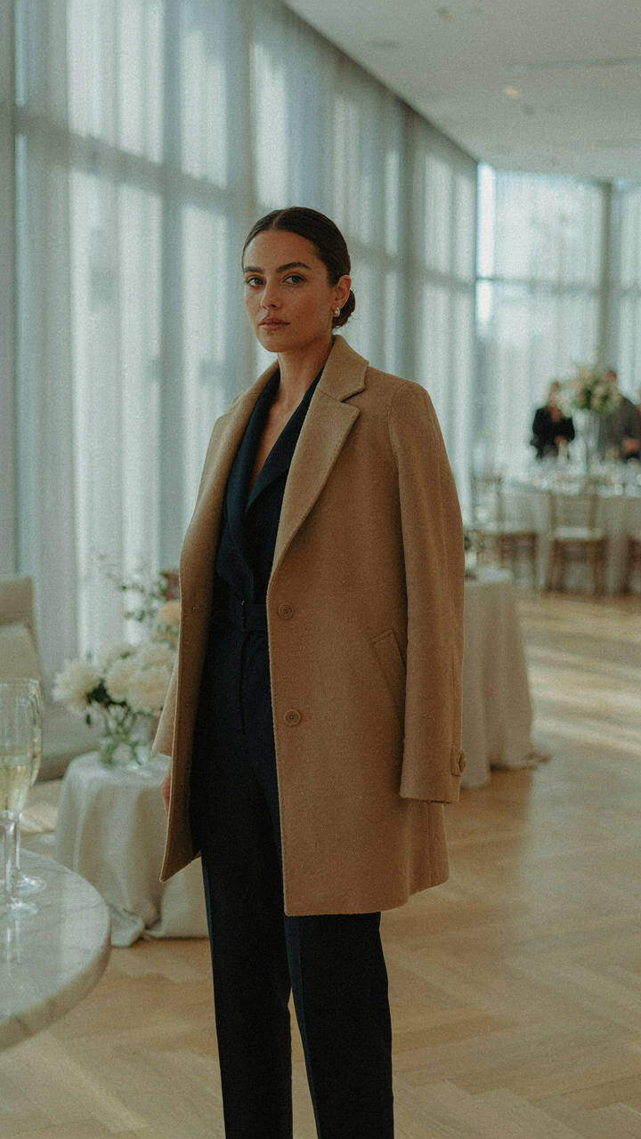A woman in a tailored navy jumpsuit and a camel winter coat stands confidently.