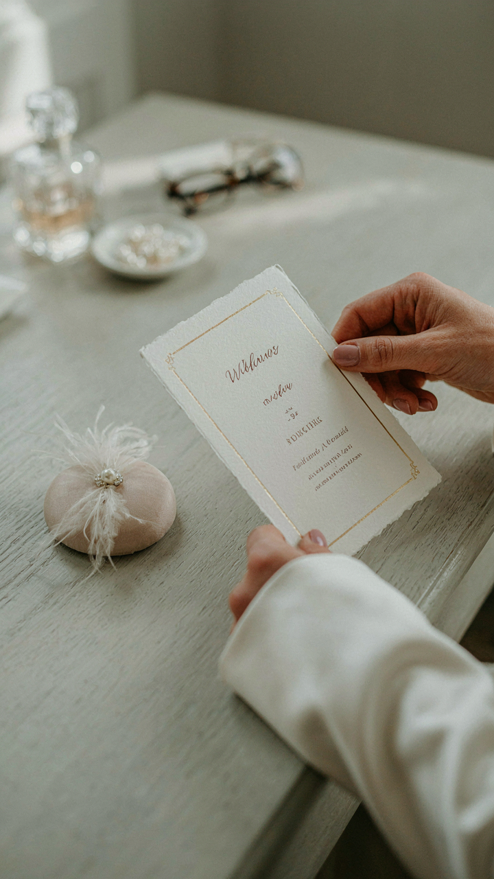 A hand holding a wedding invitation near a formal fascinator.