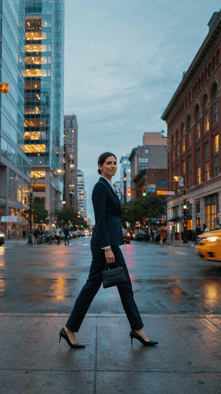A woman in a navy pantsuit walks in a city at dusk, showing varied regional styles.