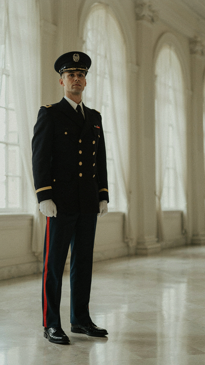 A military officer stands perfectly still, showing control and presence.