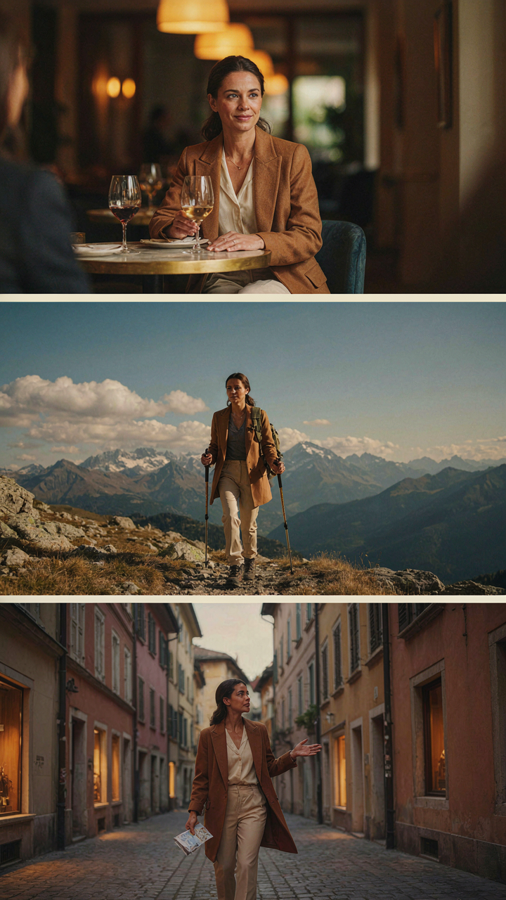One person in the same neutral outfit in three different travel scenarios.