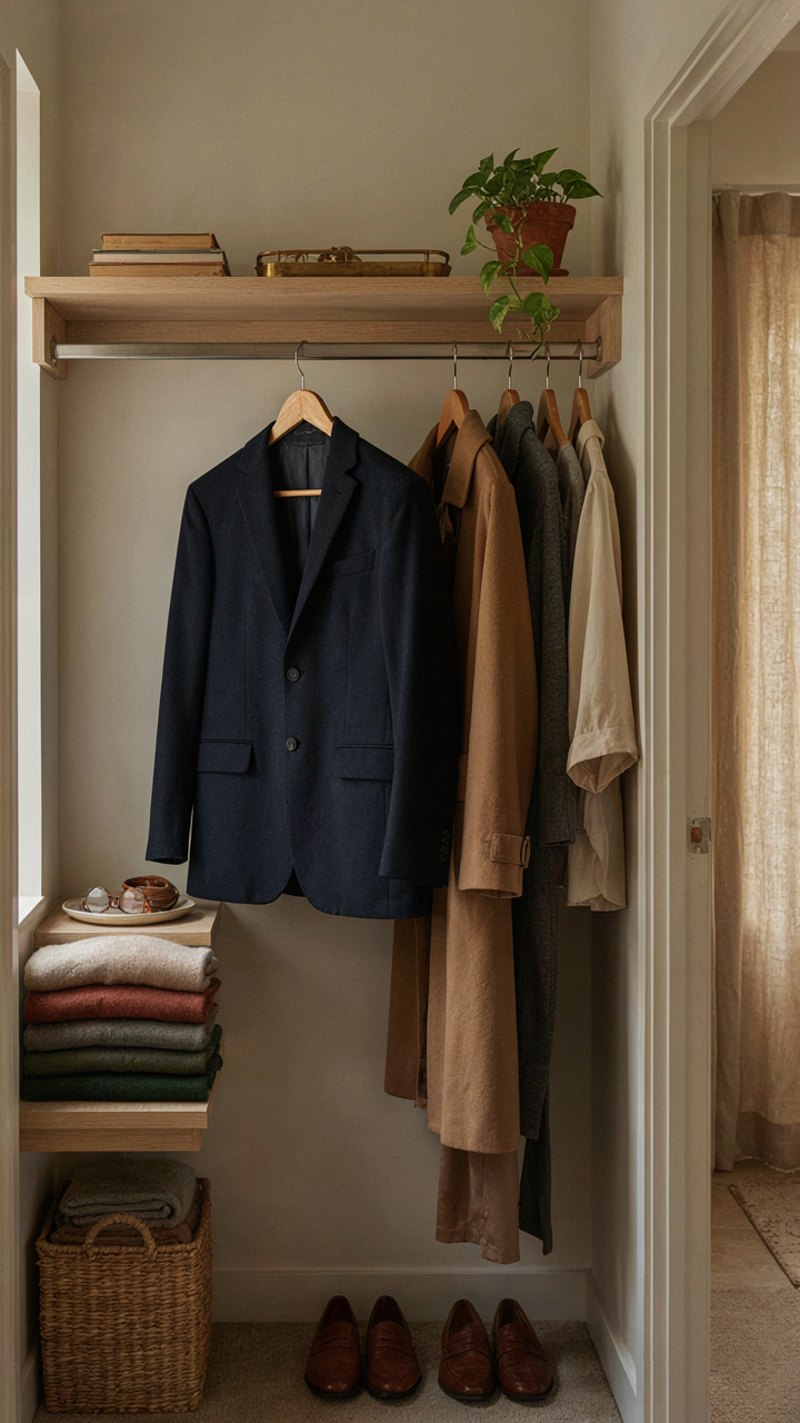 A single navy blazer hangs in a sparse closet, surrounded by carefully chosen items.
