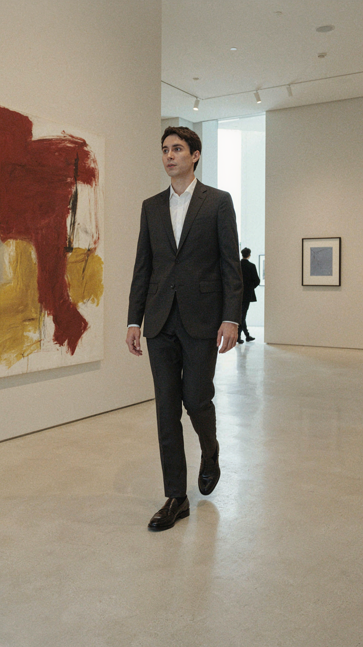A person confidently walking in a high-quality tailored blazer and trousers.