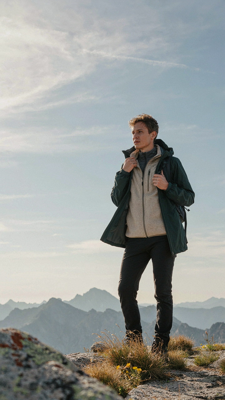 A hiker adjusts their layering system on a windy mountain peak for temperature control.