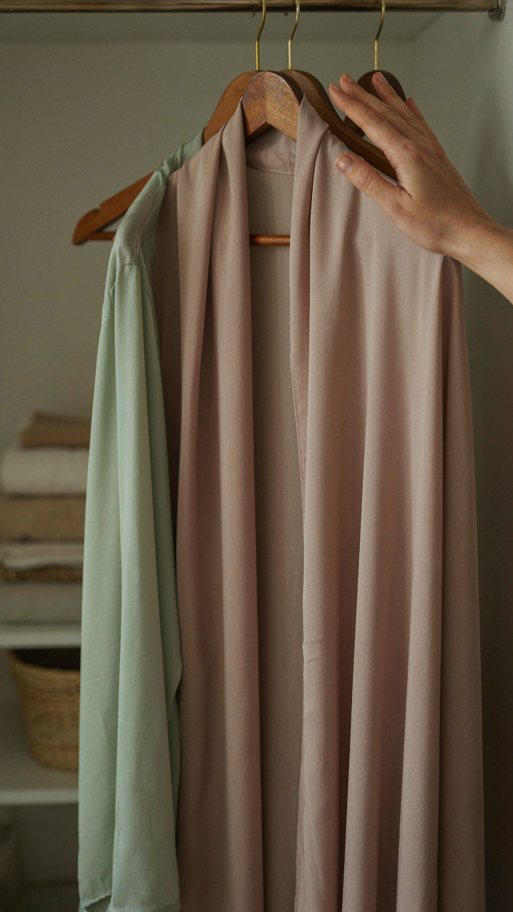 A hand touches a luxurious silk-blend shawl on a hanger in a closet.