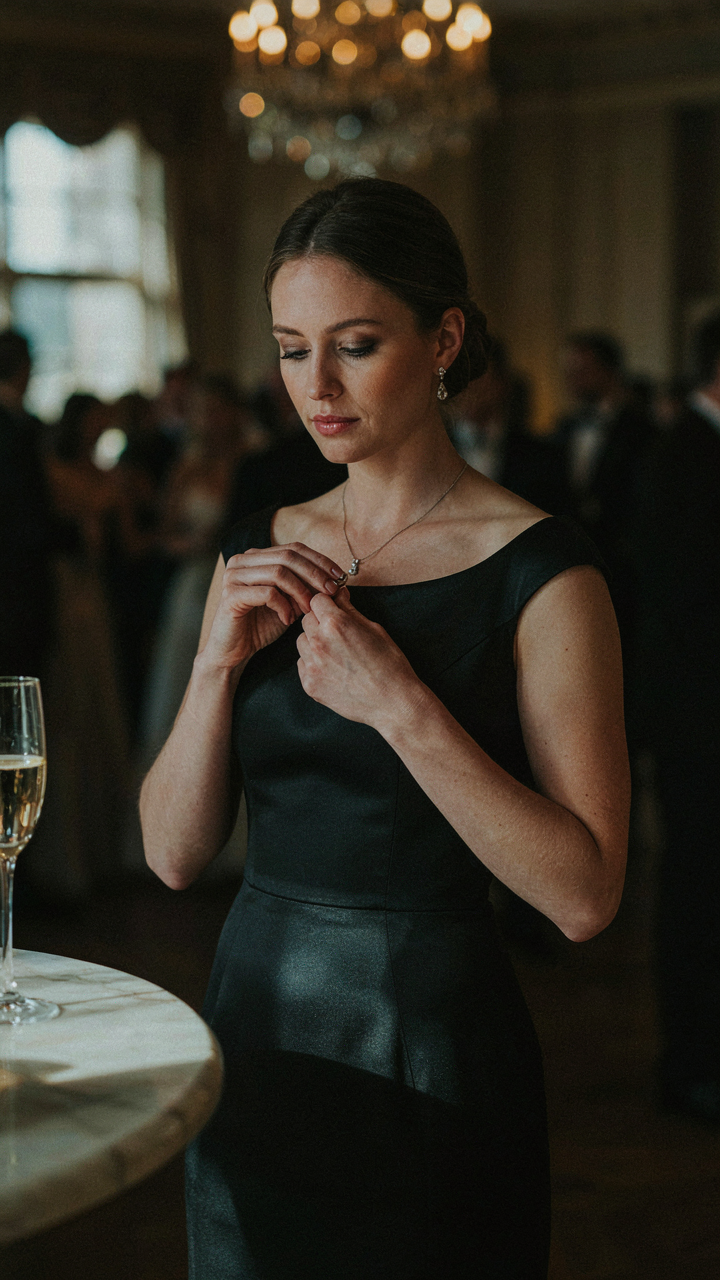 Woman at a formal event wearing subtle jewelry for black dress.