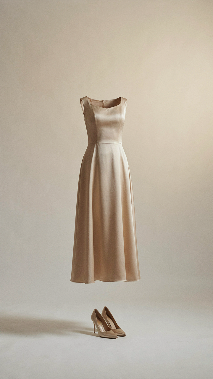 A knee-length metallic cocktail dress and elegant heeled metallic pumps.