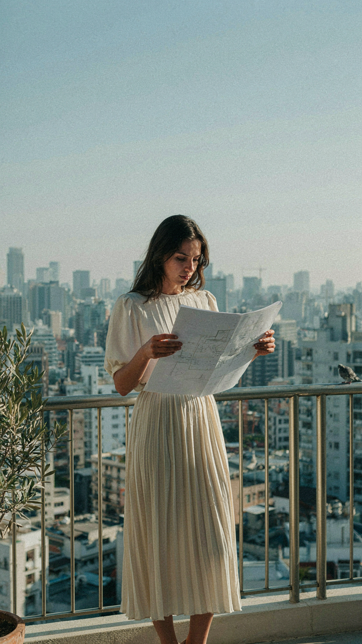 A woman in a pleated midi dress holds a blueprint on a balcony overlooking a city.