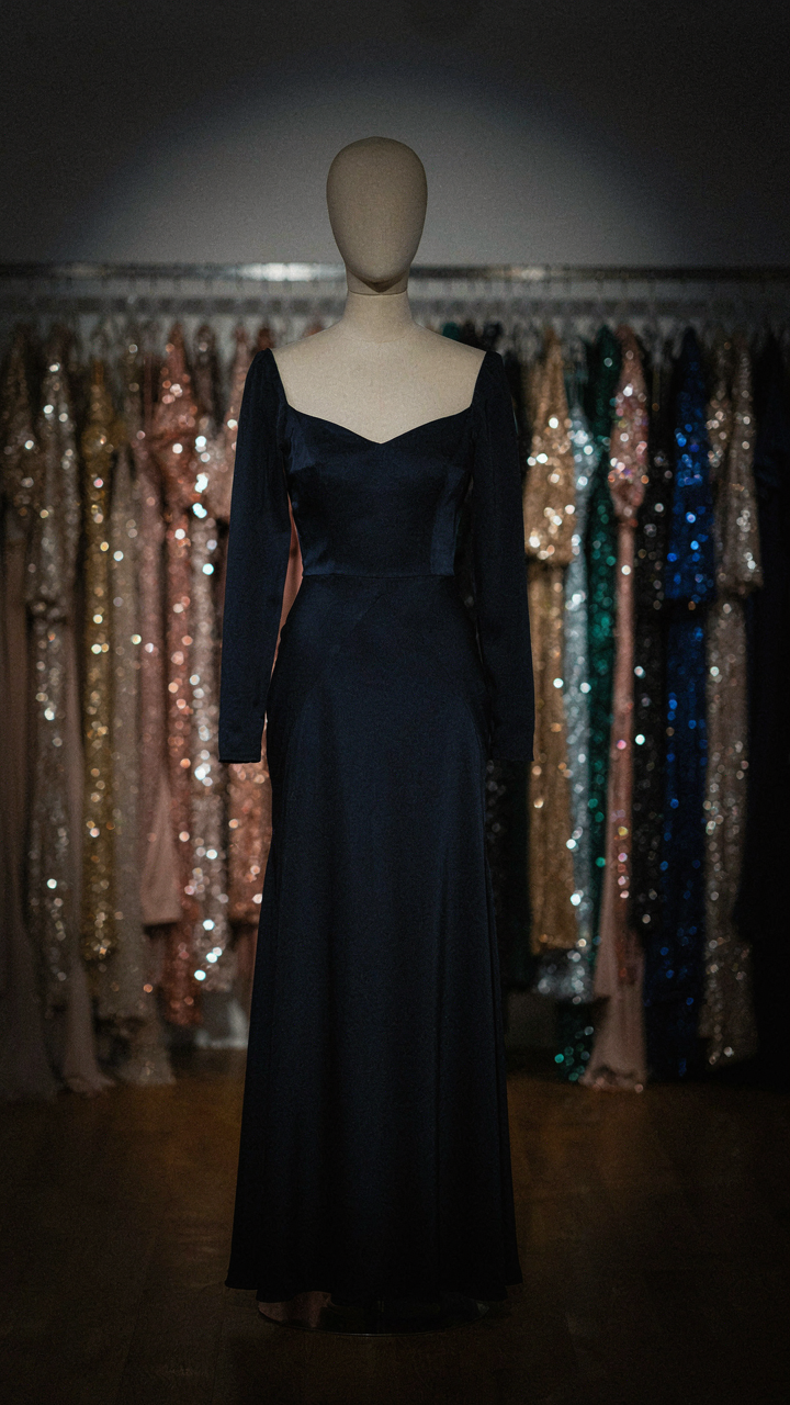 A well-tailored navy silk crepe dress under a spotlight, blurring sequined dresses.