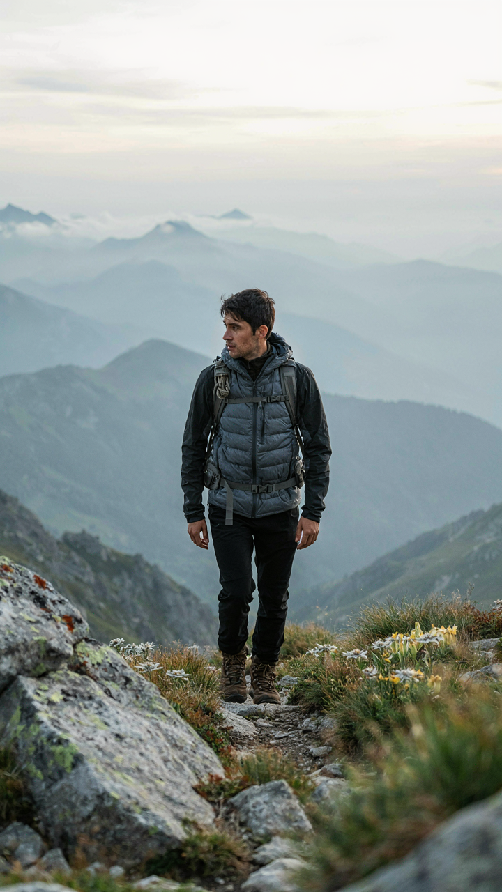 A hiker wears layered clothing while walking through a misty mountain.