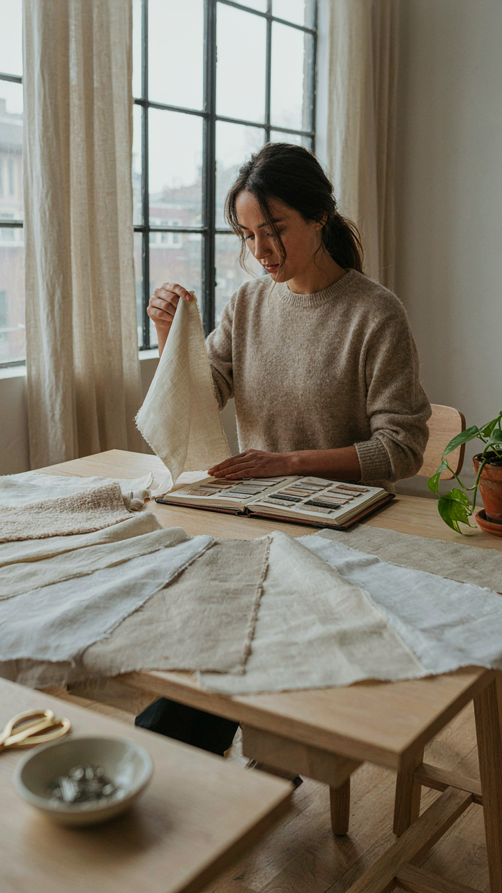 A woman thoughtfully chooses between different fabric swatches.