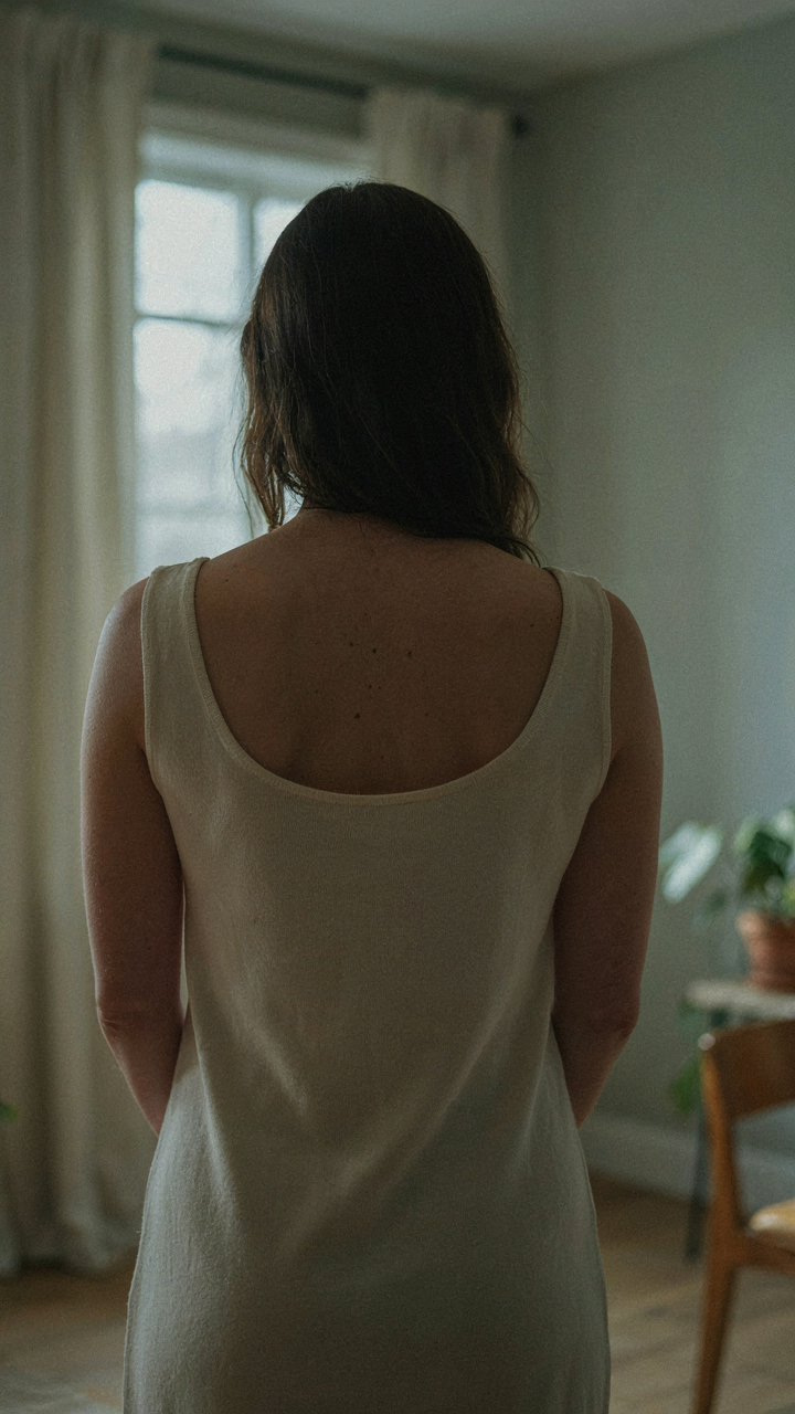 A person stands tall, looking calmly at a softly lit room.