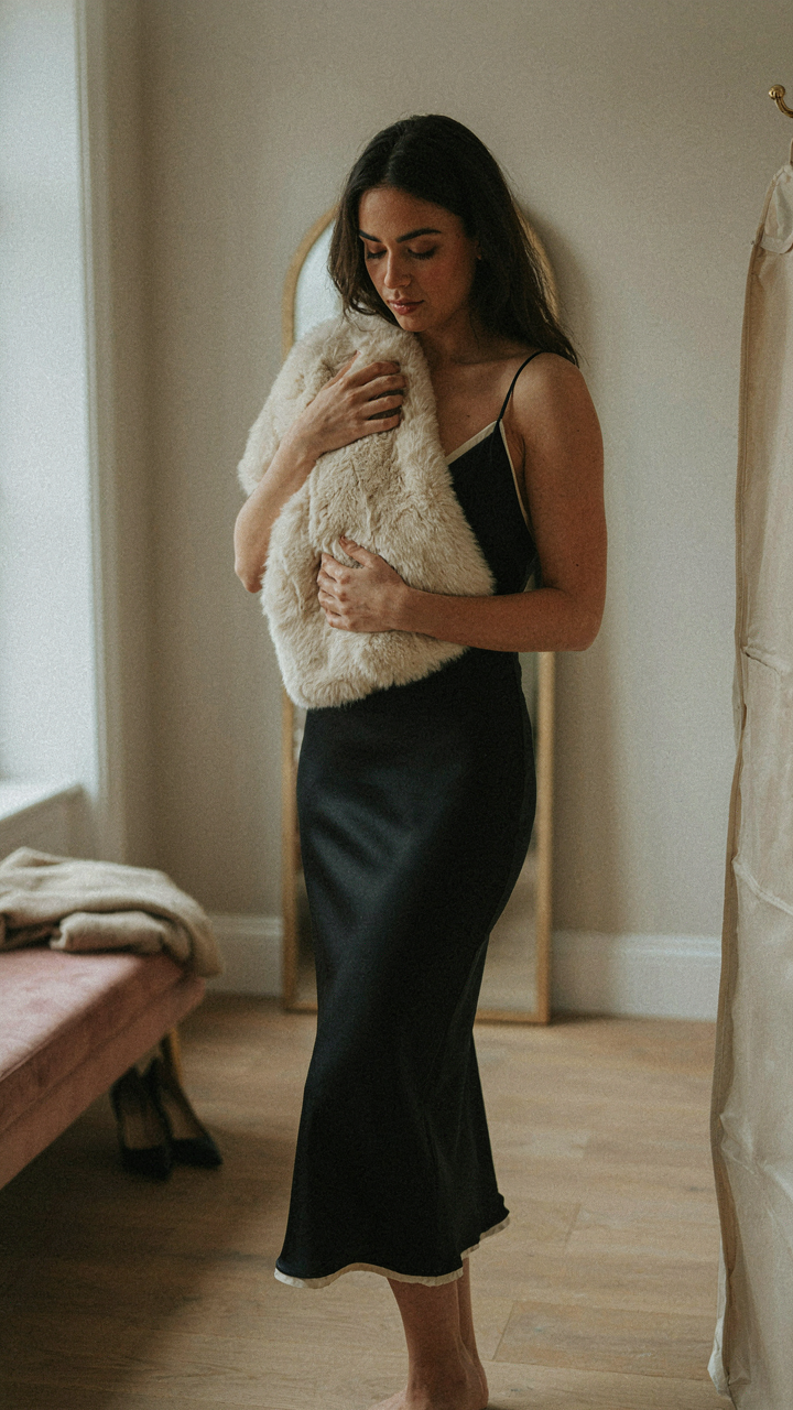 Woman layering a dense faux fur wrap over a silk slip dress for warmth.