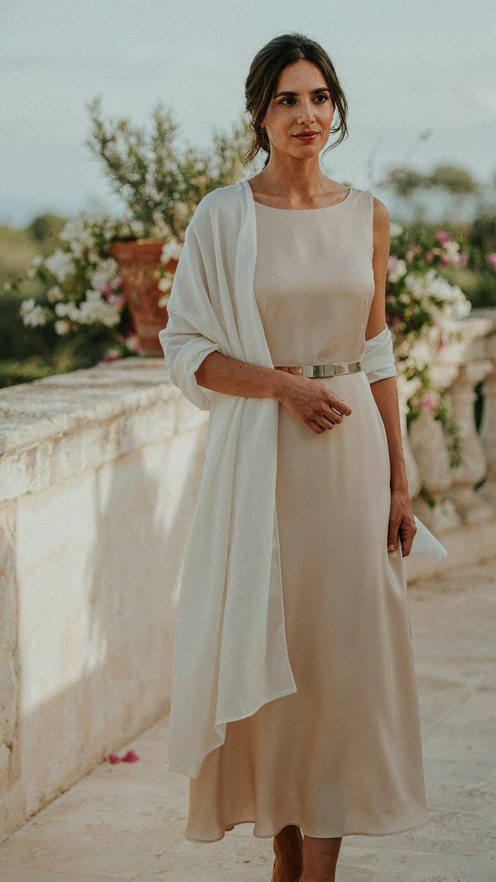 A woman wears a wedding guest dress with an asymmetrically draped, belted shawl.