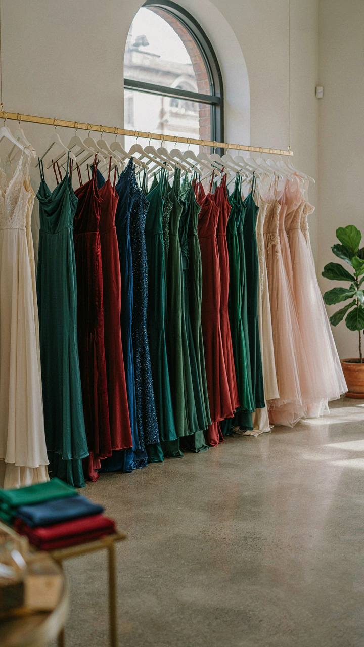 A boutique rack filled with tea length cocktail dresses in jewel tones.