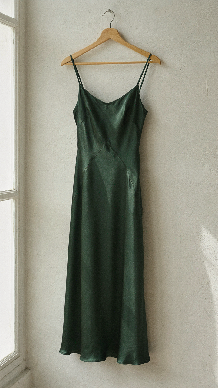 A deep forest green tailored dress hanging against a minimalist background.
