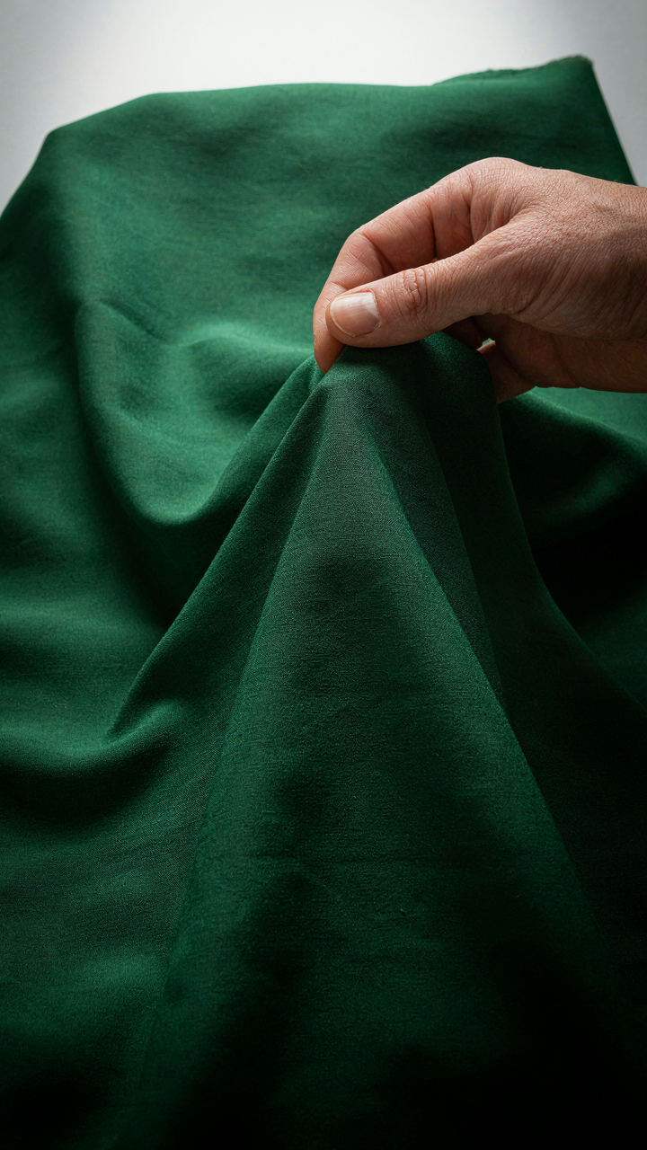 A hand pinches emerald green crepe fabric under a spotlight.
