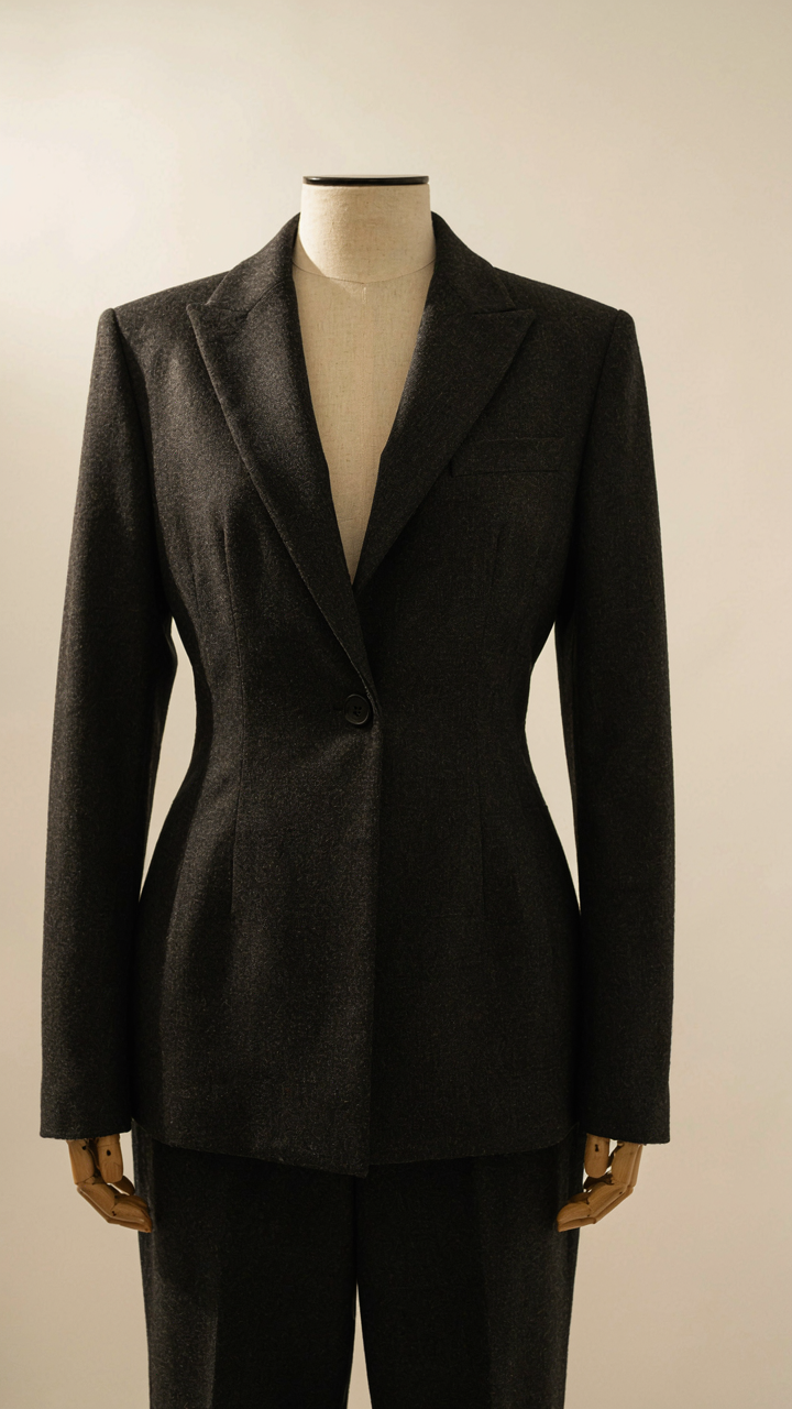 A structured wool blazer with sharp shoulders absorbs light.