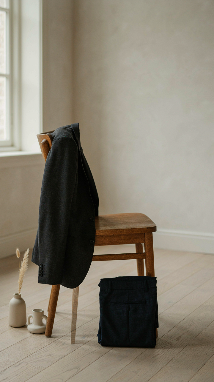 A dark blazer and folded flat-front trousers on a chair.